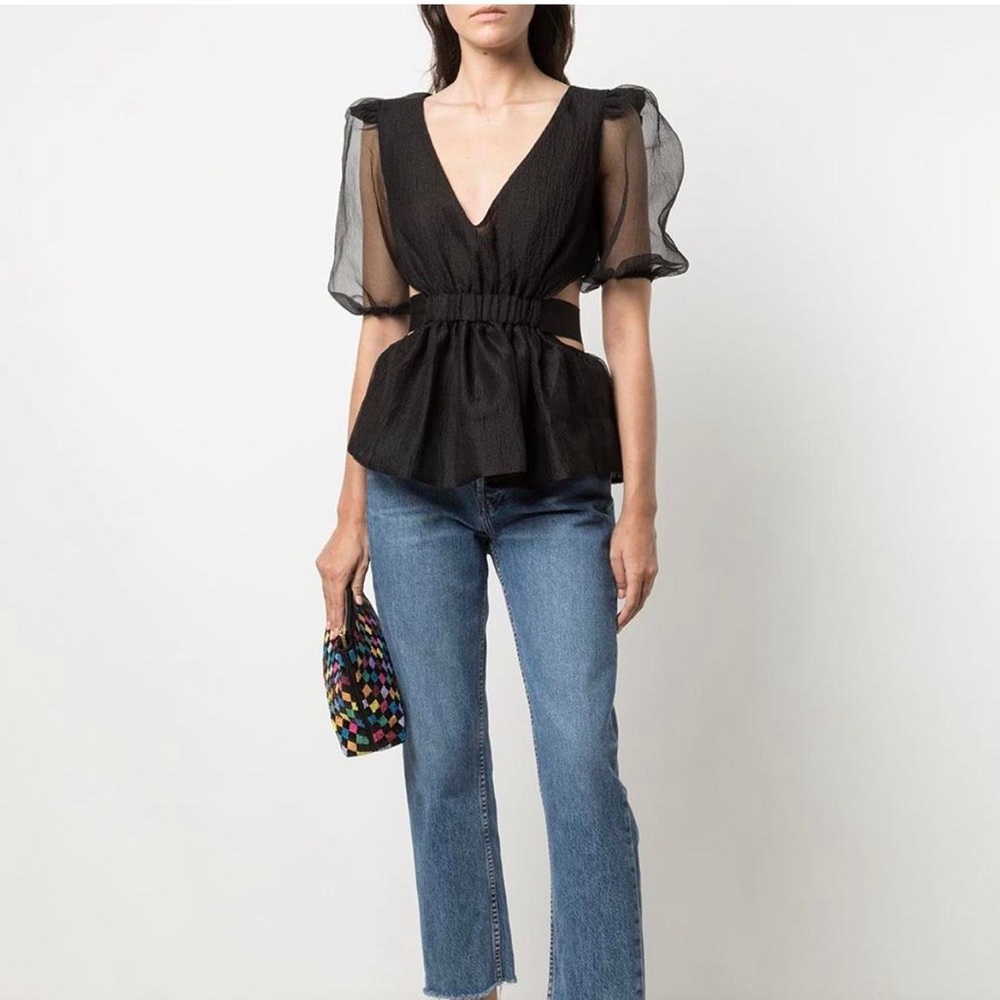Cynthia Rowley Black Organza Puff Sleeve Top Medium